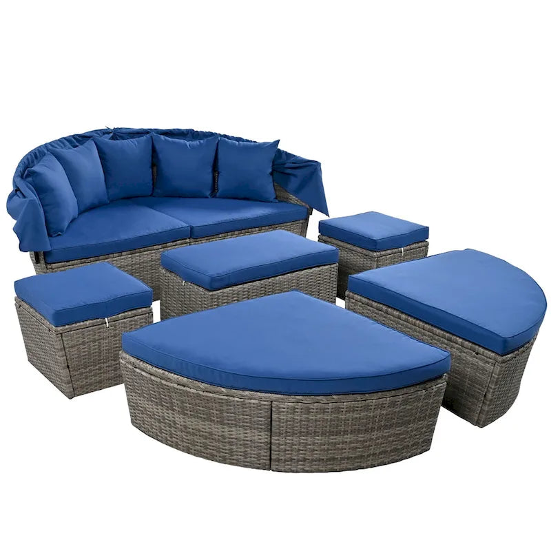 6-Pieces Outdoor Patio PE Rattan Daybed Sunbed with Retractable Canopy and Washable Cushions