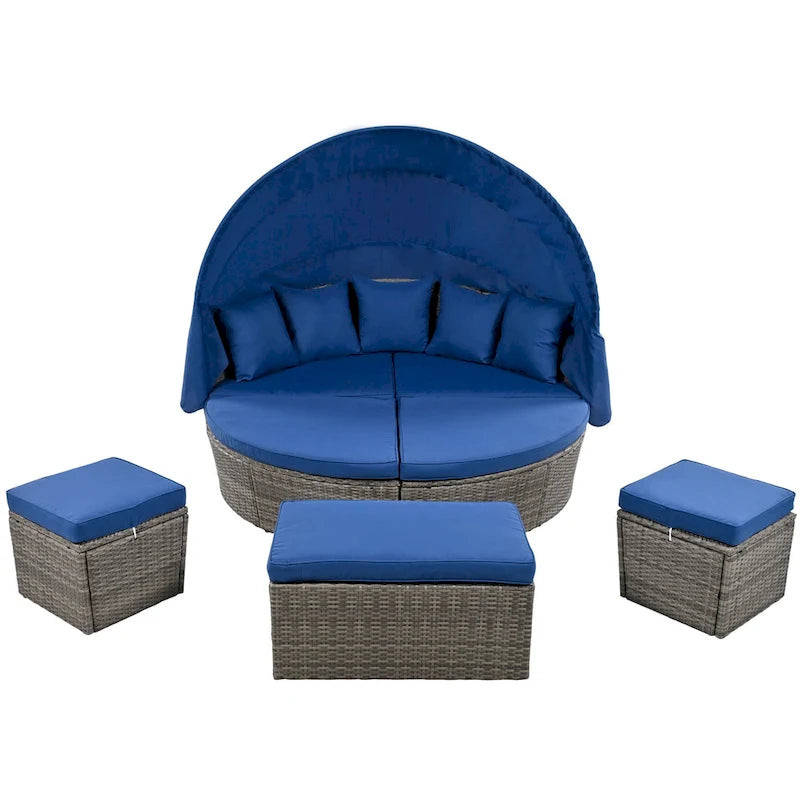 6-Pieces Outdoor Patio PE Rattan Daybed Sunbed with Retractable Canopy and Washable Cushions