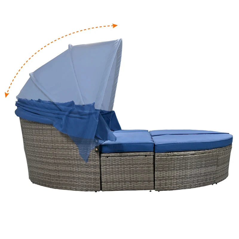 6-Pieces Outdoor Patio PE Rattan Daybed Sunbed with Retractable Canopy and Washable Cushions