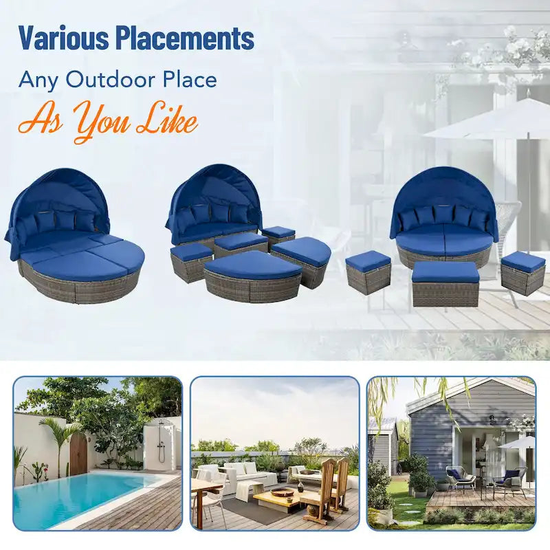 6-Pieces Outdoor Patio PE Rattan Daybed Sunbed with Retractable Canopy and Washable Cushions