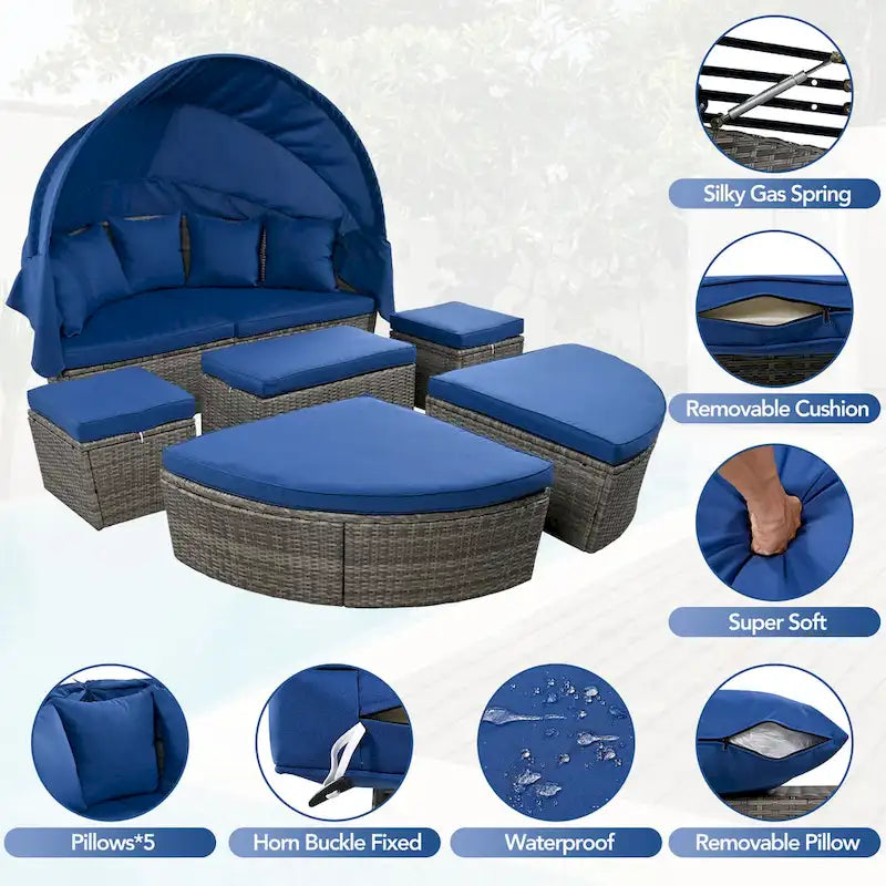 6-Pieces Outdoor Patio PE Rattan Daybed Sunbed with Retractable Canopy and Washable Cushions