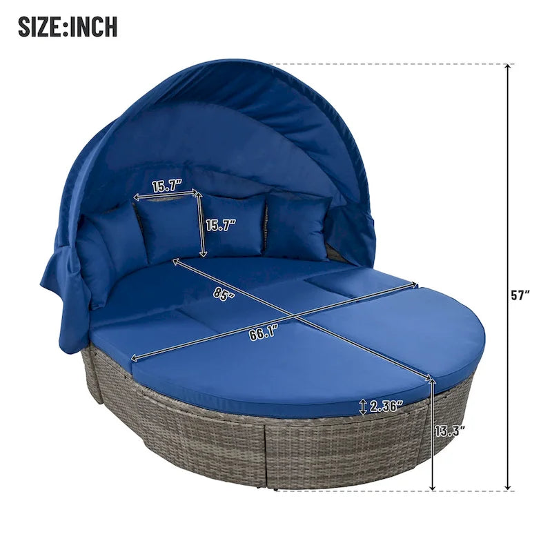 6-Pieces Outdoor Patio PE Rattan Daybed Sunbed with Retractable Canopy and Washable Cushions