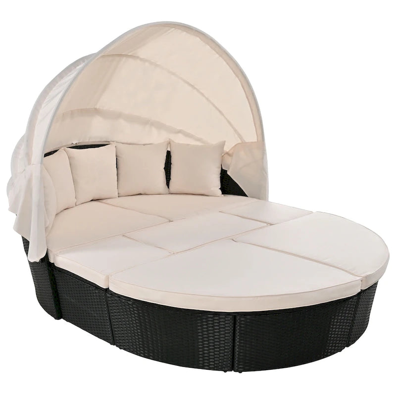 6-Pieces Outdoor Patio PE Rattan Daybed Sunbed with Retractable Canopy and Washable Cushions
