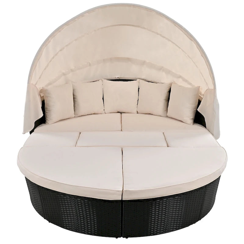 6-Pieces Outdoor Patio PE Rattan Daybed Sunbed with Retractable Canopy and Washable Cushions