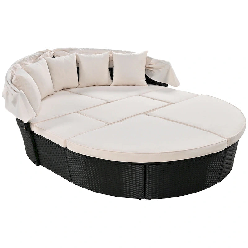 6-Pieces Outdoor Patio PE Rattan Daybed Sunbed with Retractable Canopy and Washable Cushions