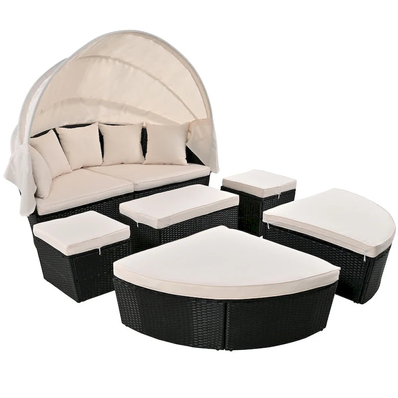 6-Pieces Outdoor Patio PE Rattan Daybed Sunbed with Retractable Canopy and Washable Cushions