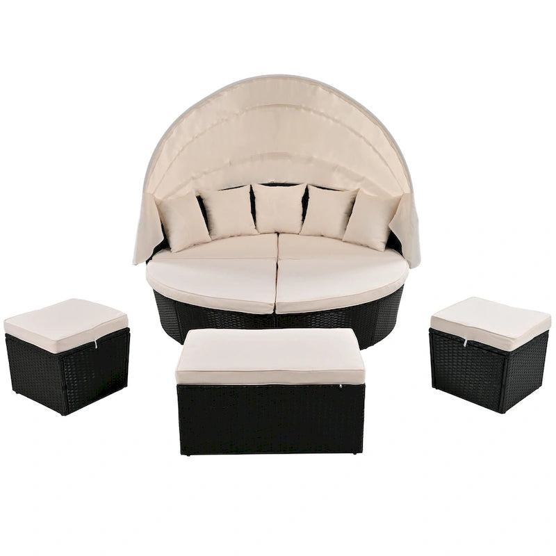 6-Pieces Outdoor Patio PE Rattan Daybed Sunbed with Retractable Canopy and Washable Cushions