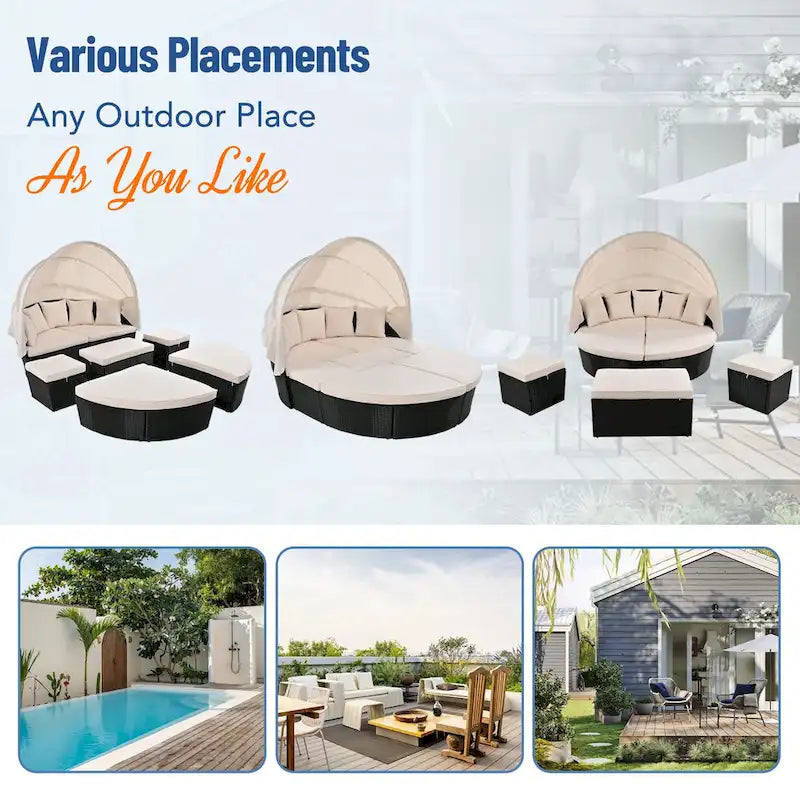 6-Pieces Outdoor Patio PE Rattan Daybed Sunbed with Retractable Canopy and Washable Cushions