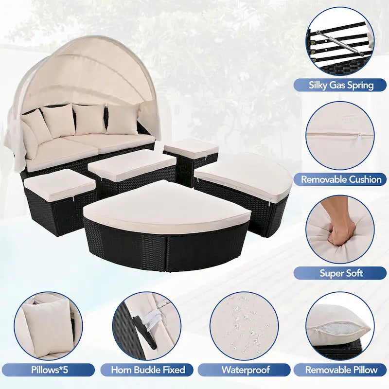 6-Pieces Outdoor Patio PE Rattan Daybed Sunbed with Retractable Canopy and Washable Cushions