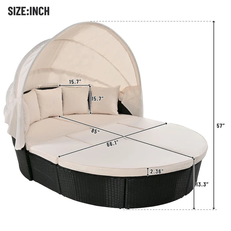 6-Pieces Outdoor Patio PE Rattan Daybed Sunbed with Retractable Canopy and Washable Cushions