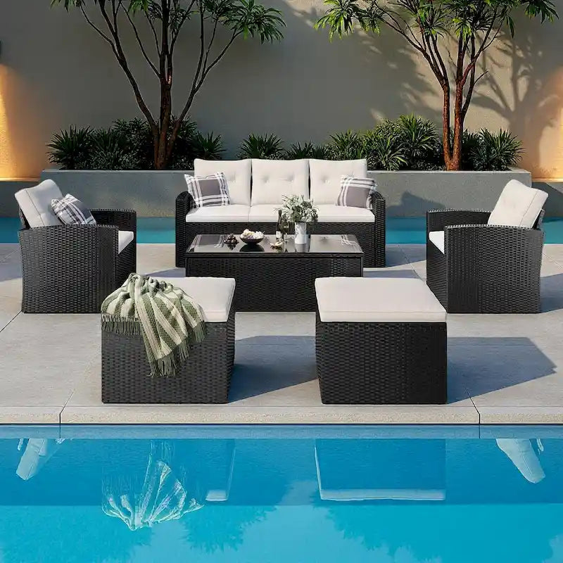 6-Pieces Outdoor Rattan Conversation Sofa Set with Coffee Table and 2 Ottoman