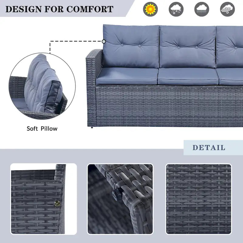 6-Pieces Outdoor Rattan Conversation Sofa Set with Coffee Table and 2 Ottoman