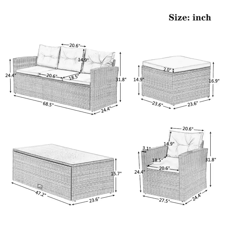 6-Pieces Outdoor Rattan Conversation Sofa Set with Coffee Table and 2 Ottoman