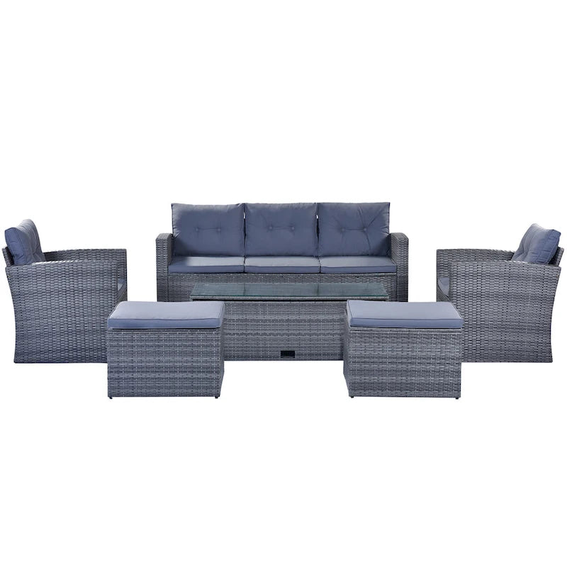 6-Pieces Outdoor Rattan Conversation Sofa Set with Coffee Table and 2 Ottoman