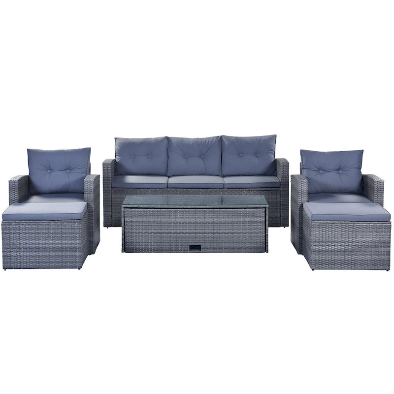 6-Pieces Outdoor Rattan Conversation Sofa Set with Coffee Table and 2 Ottoman