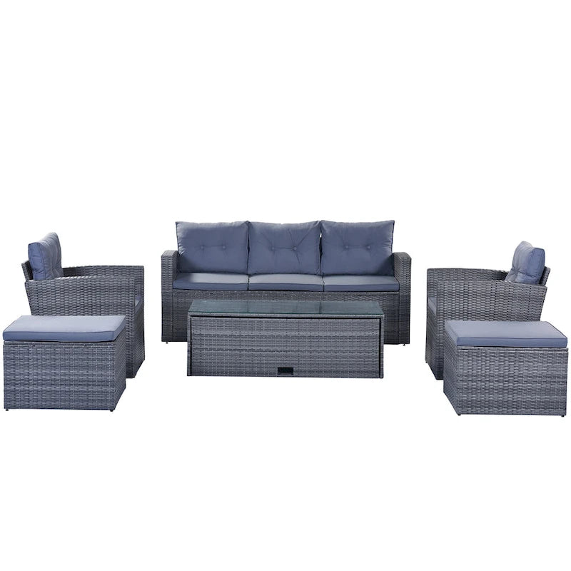 6-Pieces Outdoor Rattan Conversation Sofa Set with Coffee Table and 2 Ottoman