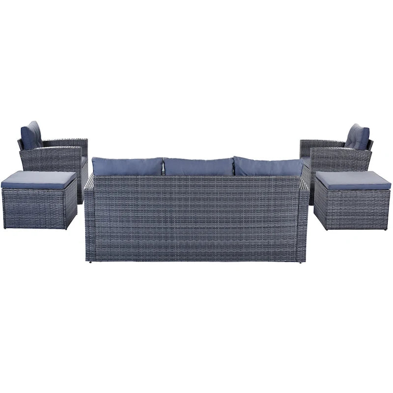 6-Pieces Outdoor Rattan Conversation Sofa Set with Coffee Table and 2 Ottoman