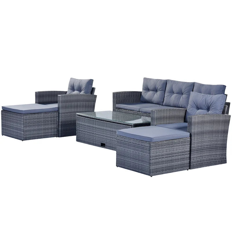 6-Pieces Outdoor Rattan Conversation Sofa Set with Coffee Table and 2 Ottoman