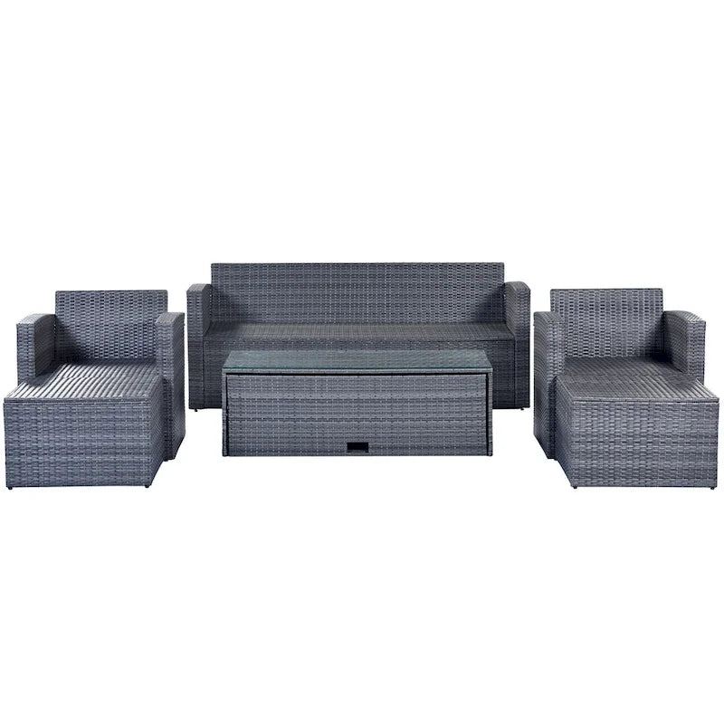 6-Pieces Outdoor Rattan Conversation Sofa Set with Coffee Table and 2 Ottoman