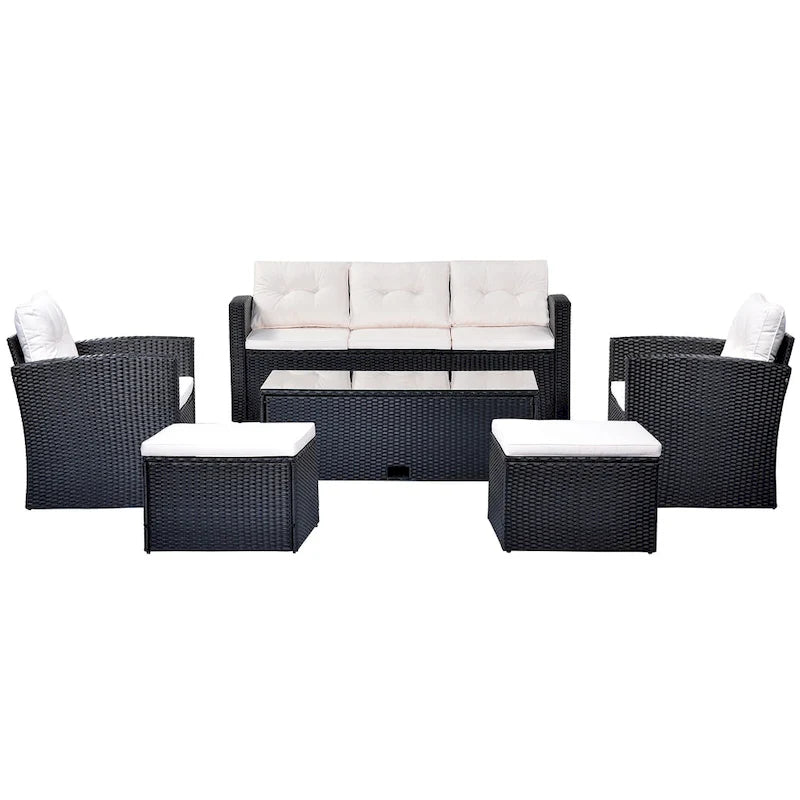 6-Pieces Outdoor Rattan Conversation Sofa Set with Coffee Table and 2 Ottoman