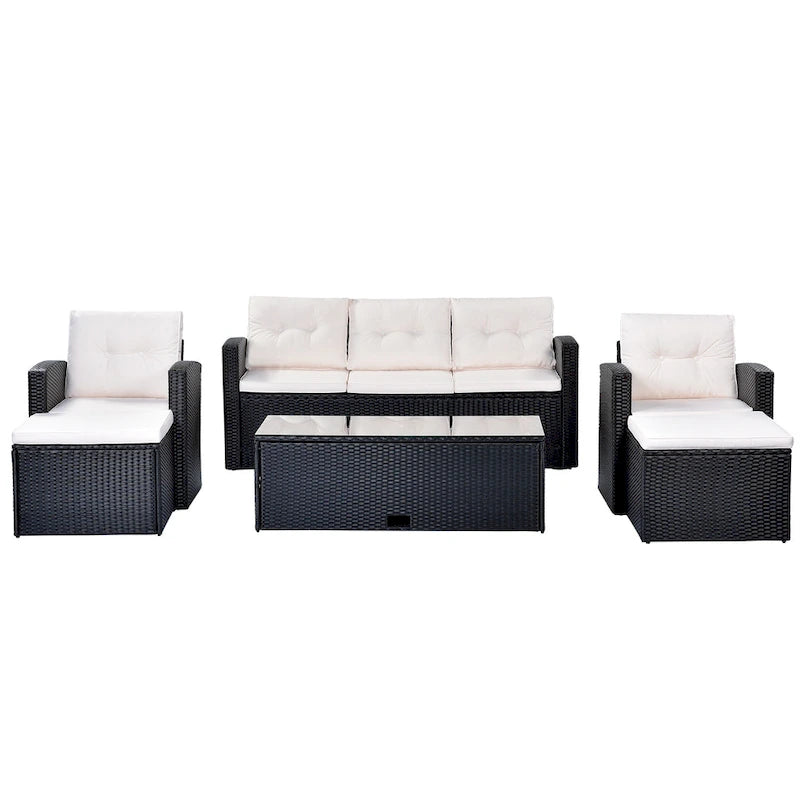 6-Pieces Outdoor Rattan Conversation Sofa Set with Coffee Table and 2 Ottoman