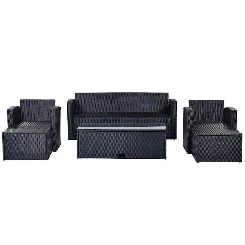 6-Pieces Outdoor Rattan Conversation Sofa Set with Coffee Table and 2 Ottoman