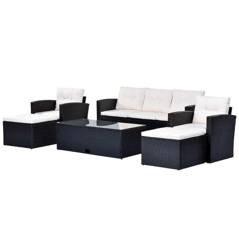 6-Pieces Outdoor Rattan Conversation Sofa Set with Coffee Table and 2 Ottoman