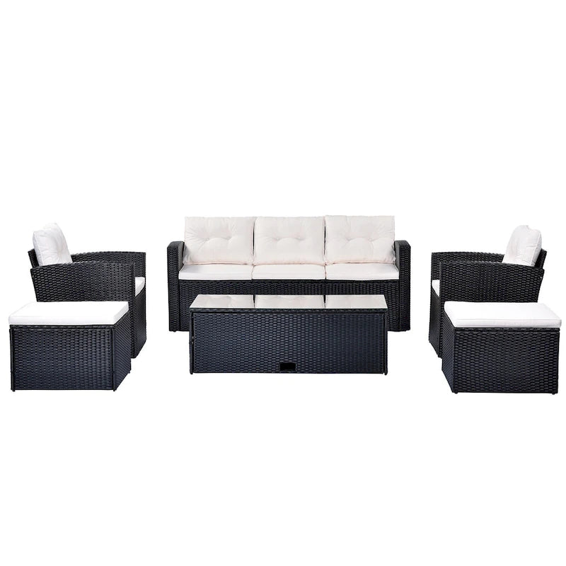 6-Pieces Outdoor Rattan Conversation Sofa Set with Coffee Table and 2 Ottoman