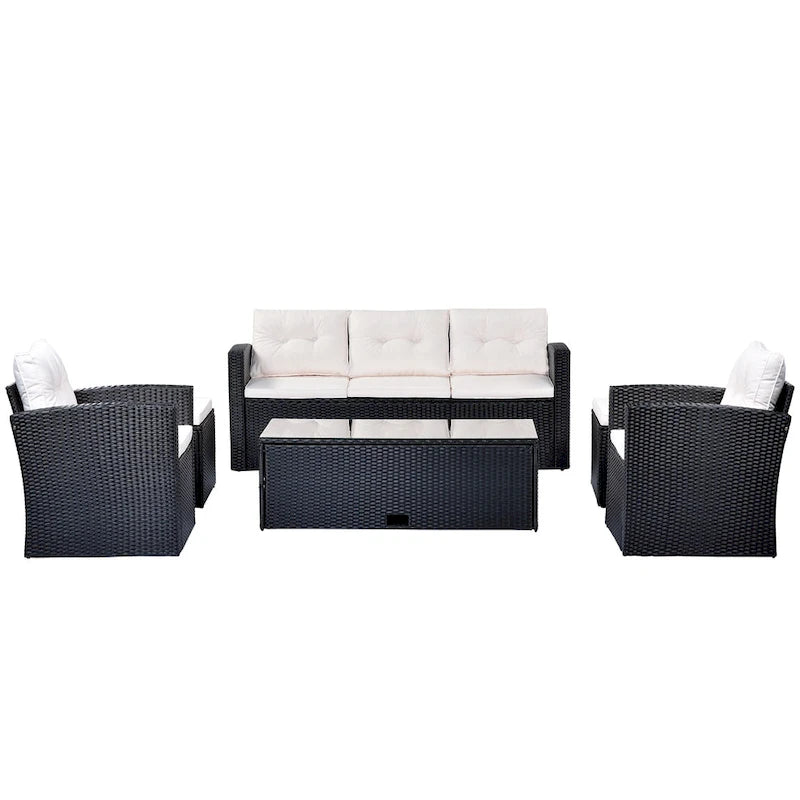 6-Pieces Outdoor Rattan Conversation Sofa Set with Coffee Table and 2 Ottoman