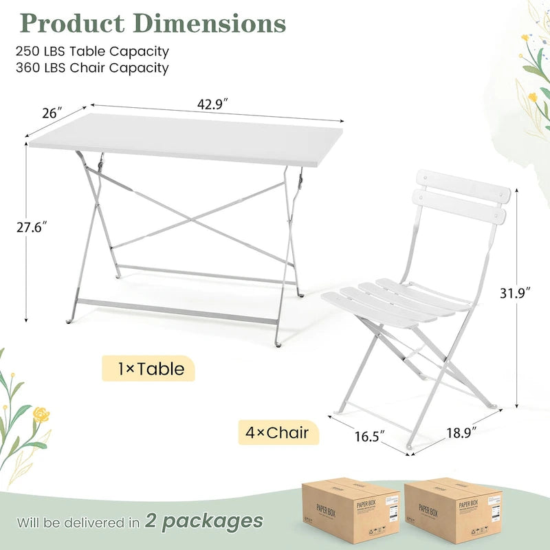 4-Person Foldable Patio Set  Weatherproof Iron Bistro Table & Chairs, Space-Saving, Ergonomic, No-Tools Assembly