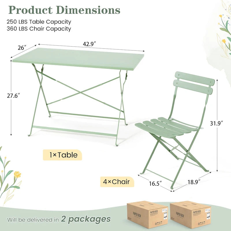 4-Person Foldable Patio Set  Weatherproof Iron Bistro Table & Chairs, Space-Saving, Ergonomic, No-Tools Assembly
