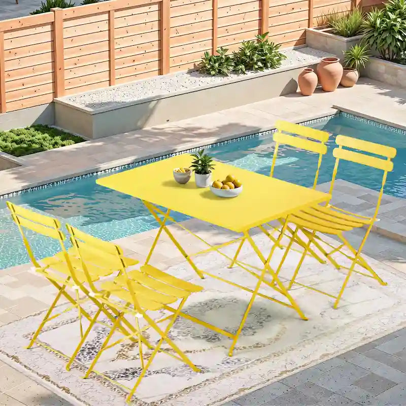 4-Person Foldable Patio Set  Weatherproof Iron Bistro Table & Chairs, Space-Saving, Ergonomic, No-Tools Assembly