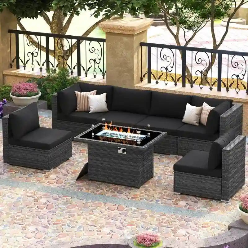 FINCATI Outdoor 7-piece High-back Wicker Patio Sectional Set with 43  Fire Pit Table, 500 lbs Luxury Oversized Conversation Set