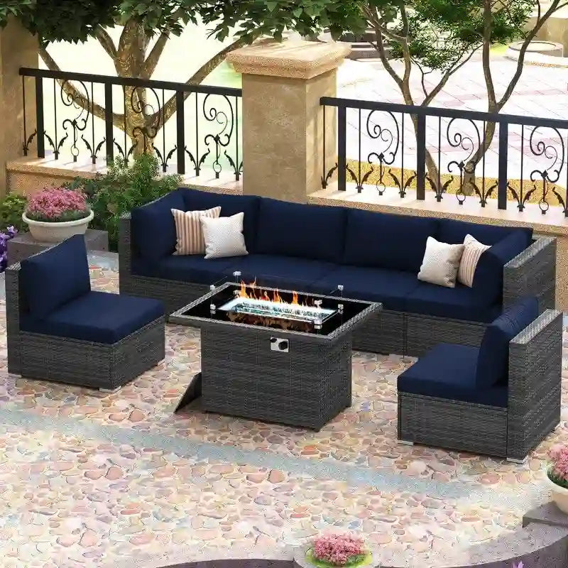 FINCATI Outdoor 7-piece High-back Wicker Patio Sectional Set with 43  Fire Pit Table, 500 lbs Luxury Oversized Conversation Set