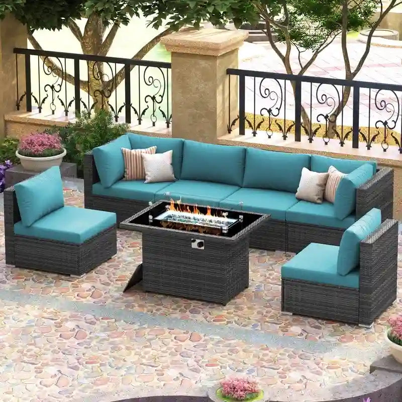 FINCATI Outdoor 7-piece High-back Wicker Patio Sectional Set with 43  Fire Pit Table, 500 lbs Luxury Oversized Conversation Set