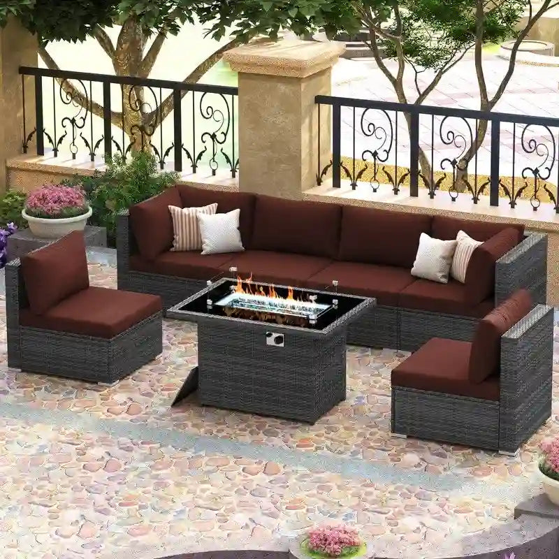 FINCATI Outdoor 7-piece High-back Wicker Patio Sectional Set with 43  Fire Pit Table, 500 lbs Luxury Oversized Conversation Set