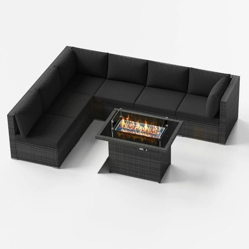 FINCATI Outdoor 7-piece High-back Wicker Patio Sectional Set with 43  Fire Pit Table, 500 lbs Luxury Oversized Conversation Set