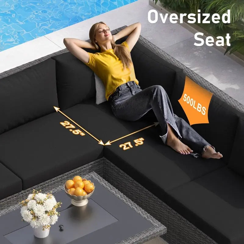 FINCATI Outdoor 7-piece High-back Wicker Patio Sectional Set with 43  Fire Pit Table, 500 lbs Luxury Oversized Conversation Set