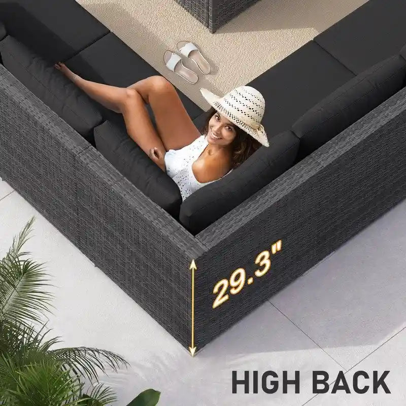 FINCATI Outdoor 7-piece High-back Wicker Patio Sectional Set with 43  Fire Pit Table, 500 lbs Luxury Oversized Conversation Set