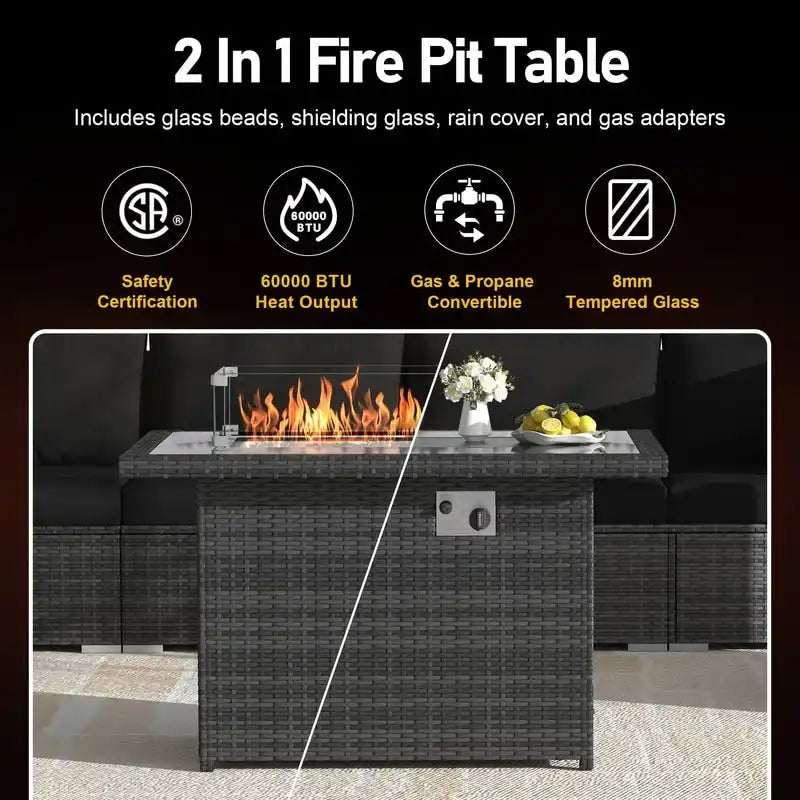 FINCATI Outdoor 7-piece High-back Wicker Patio Sectional Set with 43  Fire Pit Table, 500 lbs Luxury Oversized Conversation Set