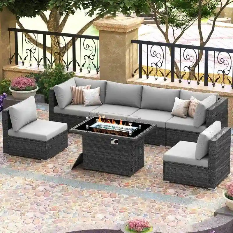 FINCATI Outdoor 7-piece High-back Wicker Patio Sectional Set with 43  Fire Pit Table, 500 lbs Luxury Oversized Conversation Set