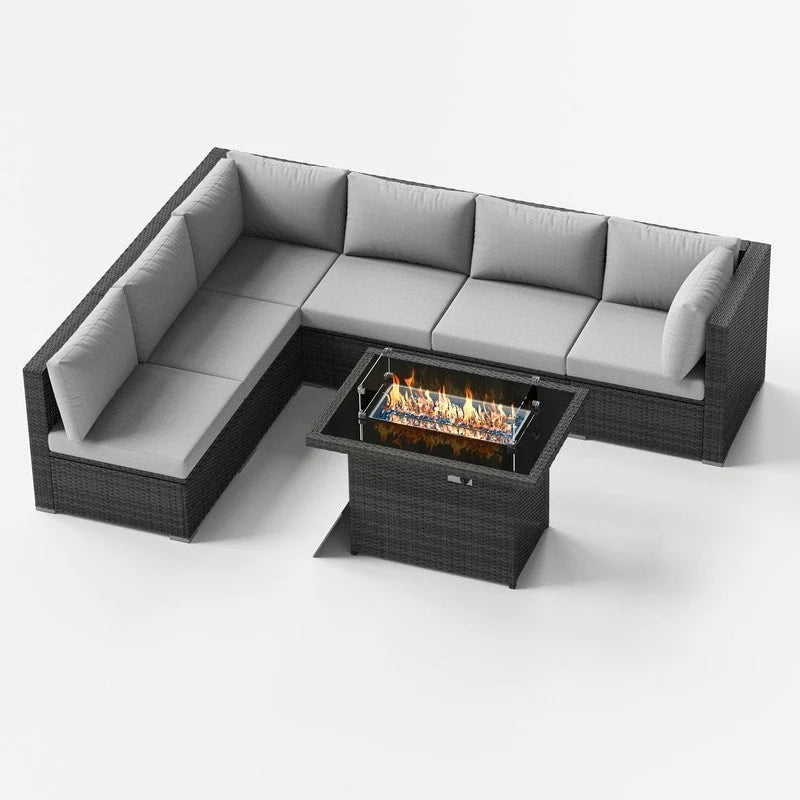 FINCATI Outdoor 7-piece High-back Wicker Patio Sectional Set with 43  Fire Pit Table, 500 lbs Luxury Oversized Conversation Set