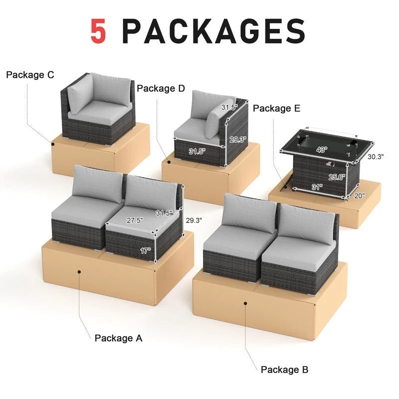 FINCATI Outdoor 7-piece High-back Wicker Patio Sectional Set with 43  Fire Pit Table, 500 lbs Luxury Oversized Conversation Set