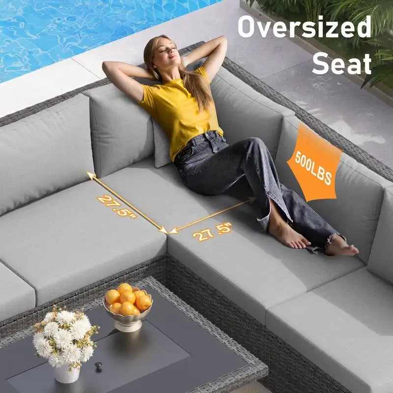 FINCATI Outdoor 7-piece High-back Wicker Patio Sectional Set with 43  Fire Pit Table, 500 lbs Luxury Oversized Conversation Set