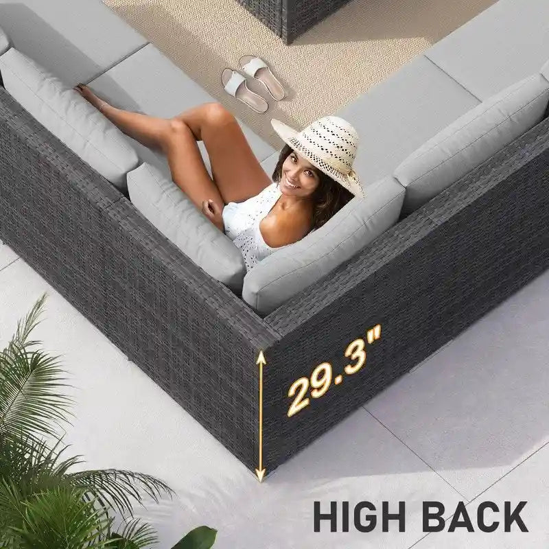 FINCATI Outdoor 7-piece High-back Wicker Patio Sectional Set with 43  Fire Pit Table, 500 lbs Luxury Oversized Conversation Set