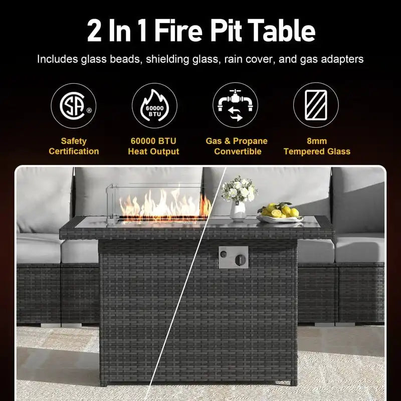 FINCATI Outdoor 7-piece High-back Wicker Patio Sectional Set with 43  Fire Pit Table, 500 lbs Luxury Oversized Conversation Set