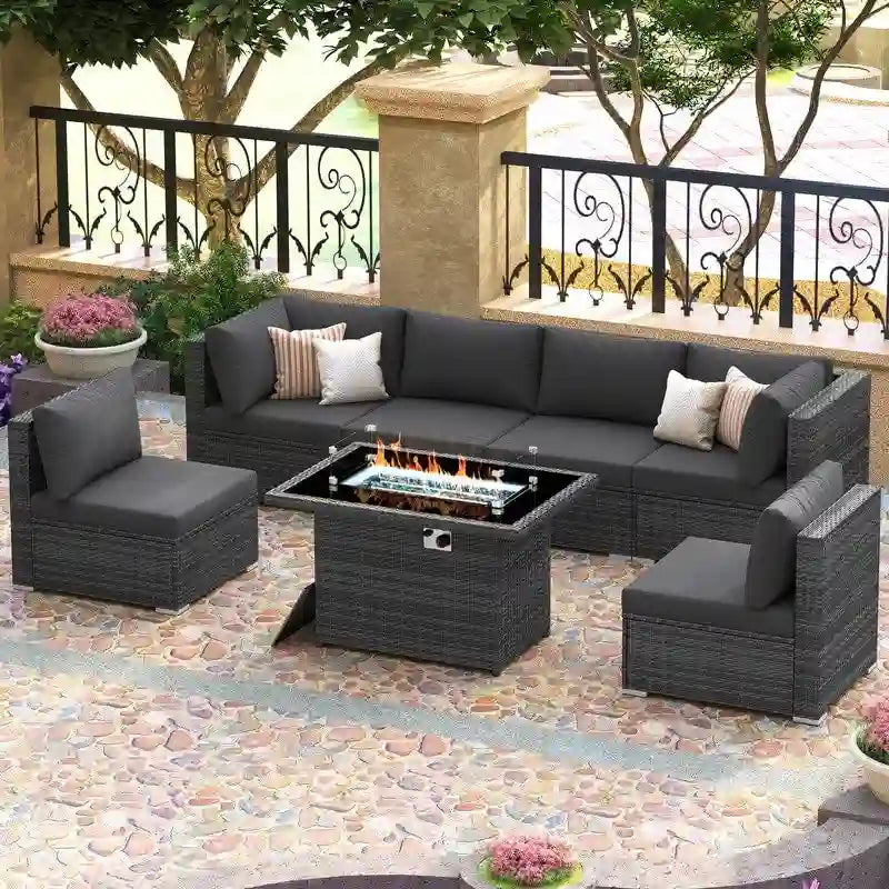 FINCATI Outdoor 7-piece High-back Wicker Patio Sectional Set with 43  Fire Pit Table, 500 lbs Luxury Oversized Conversation Set