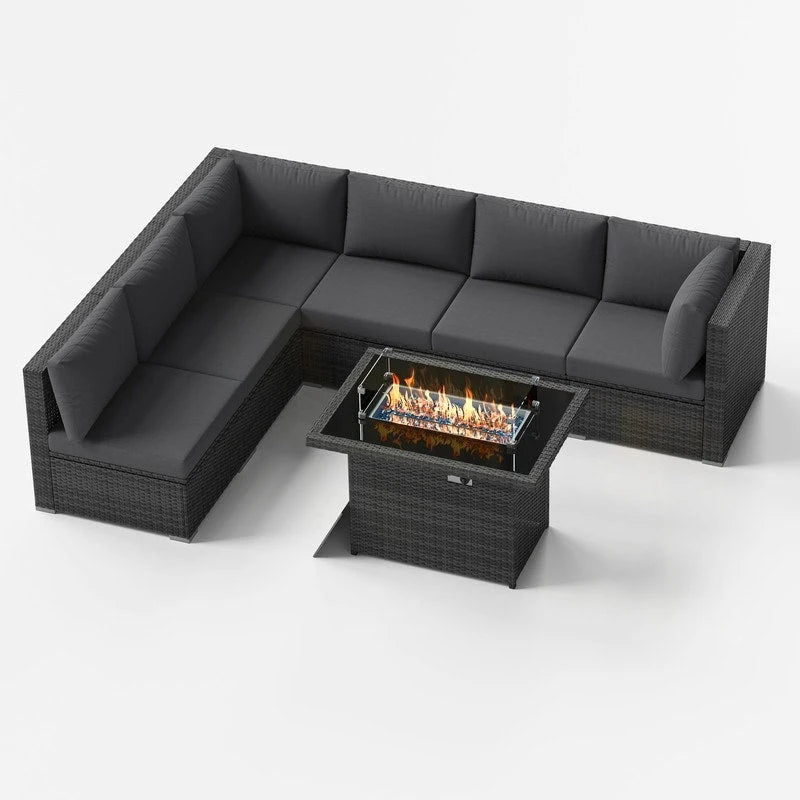 FINCATI Outdoor 7-piece High-back Wicker Patio Sectional Set with 43  Fire Pit Table, 500 lbs Luxury Oversized Conversation Set
