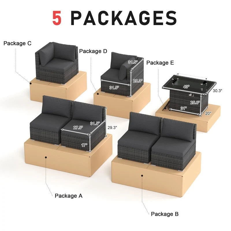 FINCATI Outdoor 7-piece High-back Wicker Patio Sectional Set with 43  Fire Pit Table, 500 lbs Luxury Oversized Conversation Set
