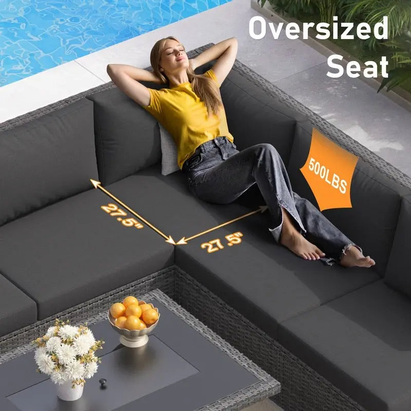 FINCATI Outdoor 7-piece High-back Wicker Patio Sectional Set with 43  Fire Pit Table, 500 lbs Luxury Oversized Conversation Set